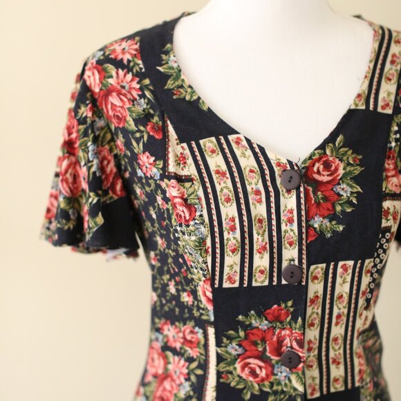 Vintage 90s Navy Floral Button Up Mini Dress (XS) - Picture 6 of 7